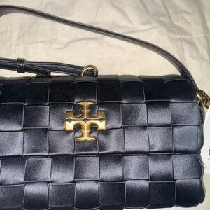 Tory Burch Black Woven Shoulder Bag with Gold Accent